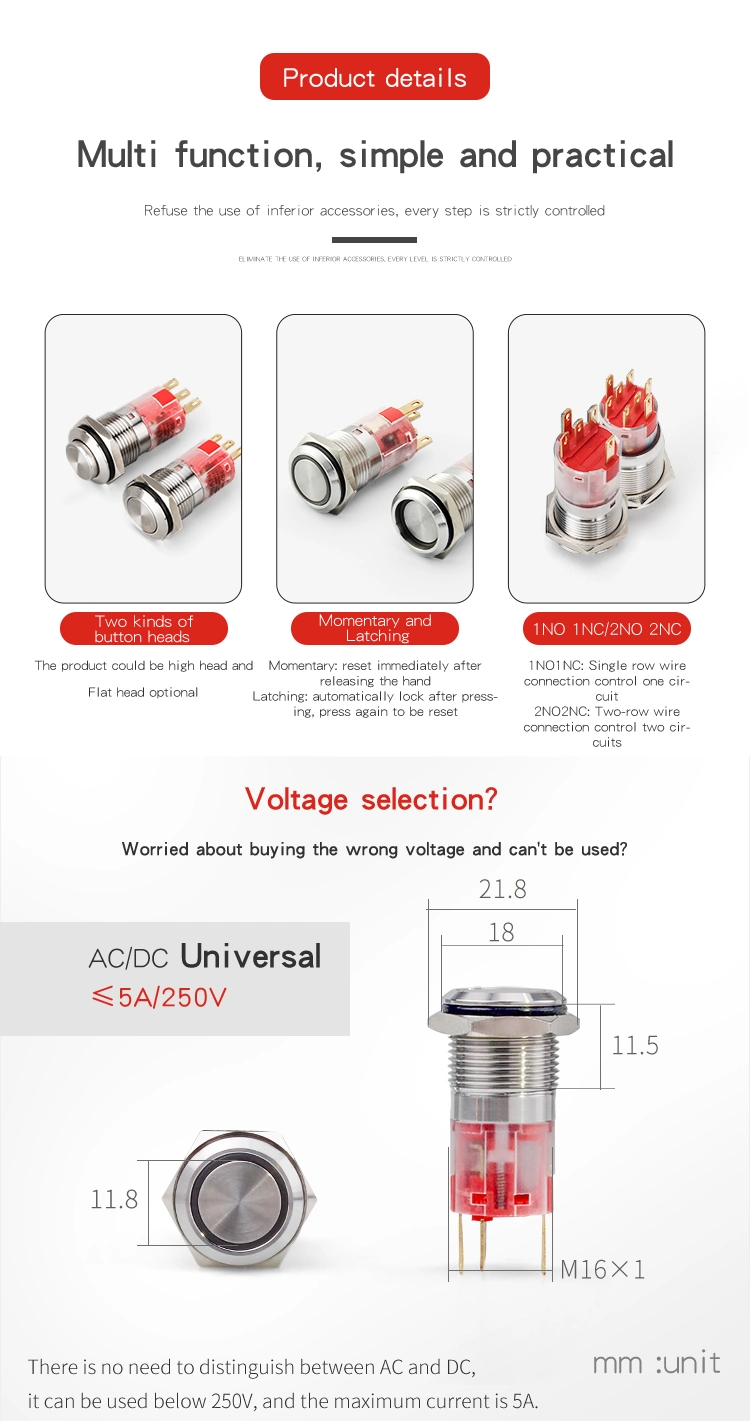 Hban 16mm on off Switch Pin Terminal Momentary 1no1nc 12V LED Metal Push Button for Electronic Equipment