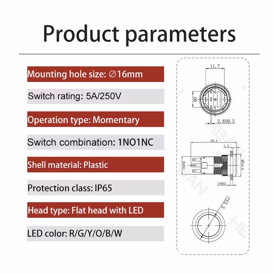 Hban 16mm encendido apagado Pin Terminal momentáneo 1no1nc 12V LED Metal pulsador para equipos electrónicos